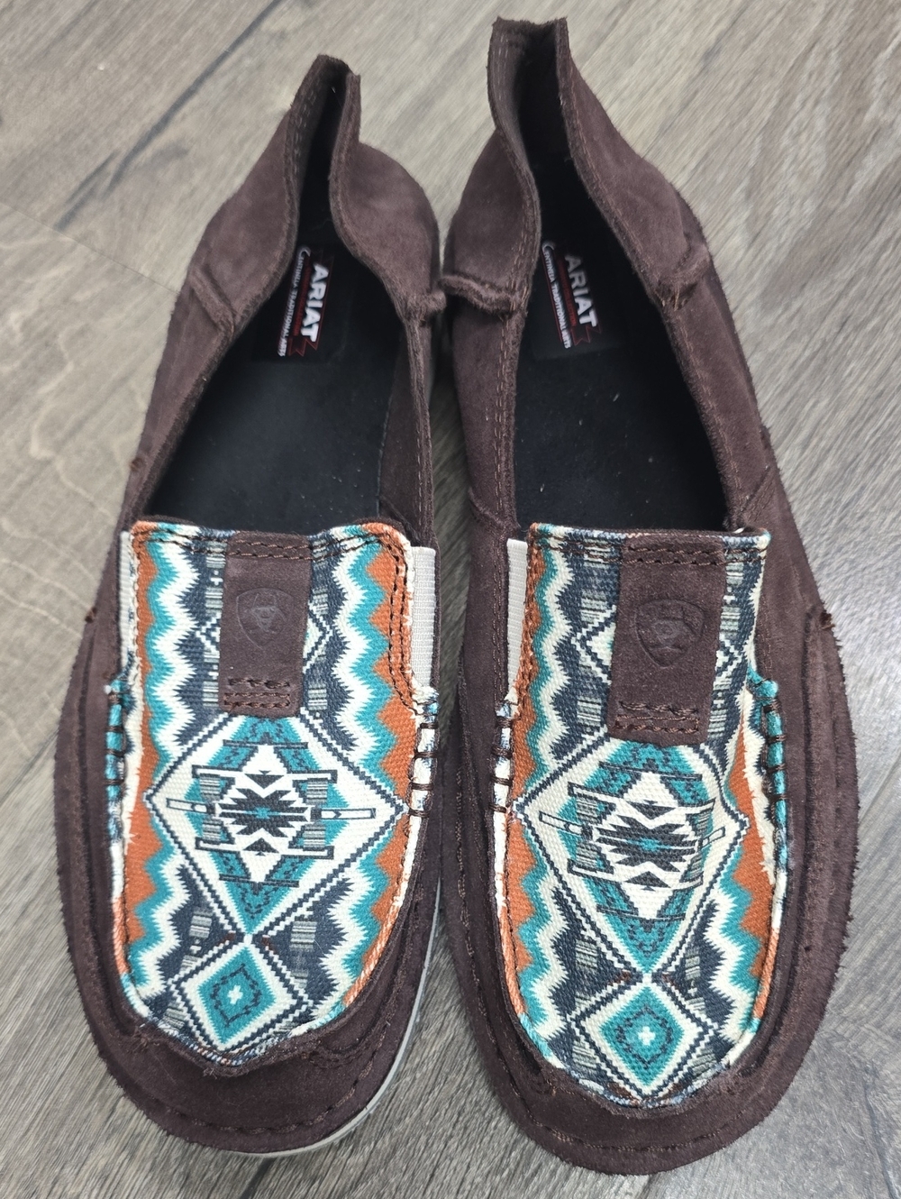 Ariat Brown Suede Slip-On Loafers with Turquoise & Orange Aztec Panel